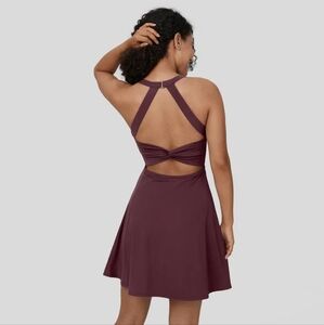 HALARA Backless Twisted Flare Mini Dance Active Dress-Longer Length, Fig, Medium